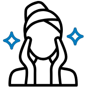 A line icon of a person with a towel on their head touching their face, with blue sparkles.