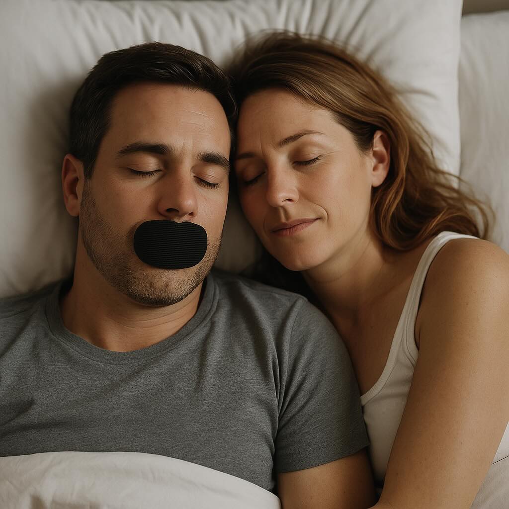 Couple sleeping in bed, man with a black mouth patch.