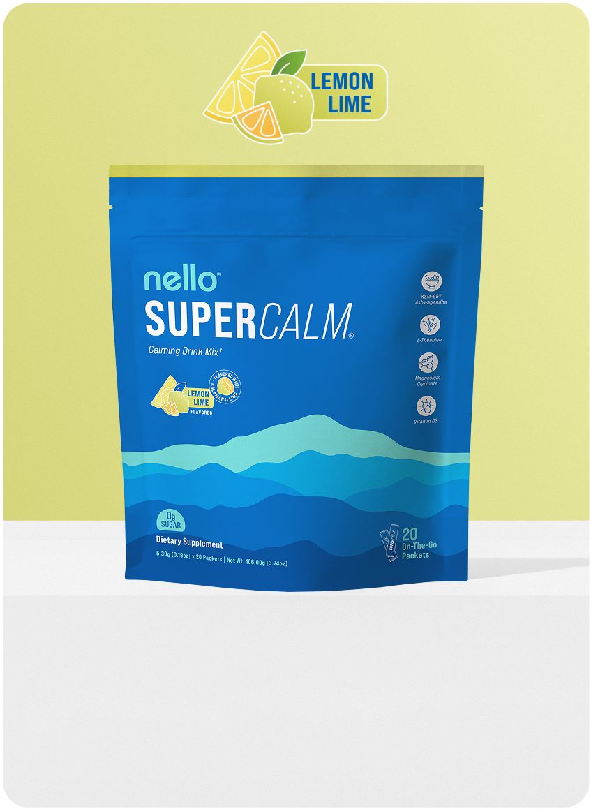 Blue package of lemon lime calming drink mix with ingredients listed.