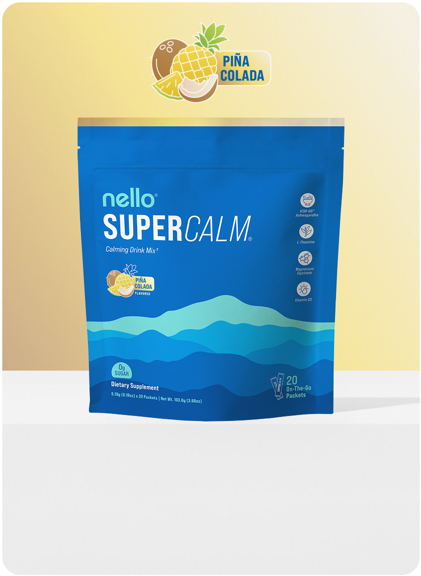 Blue packet of calming drink mix with piña colada flavor.