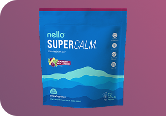 Blue packaging of Nello SuperCalm calming drink mix on gradient background.