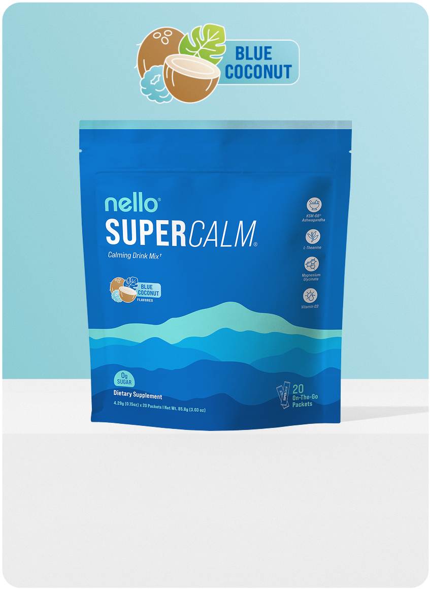 Blue drink mix packet labeled 'SuperCalm' with coconut graphic.