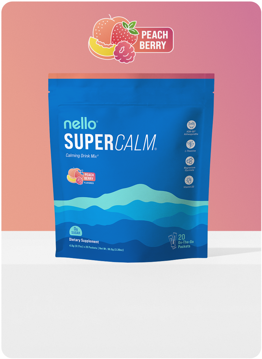Nello Super Calm peach berry drink mix packaging.