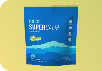 Blue package labeled 'nello SuperCalm' with pineapple flavor on yellow background.