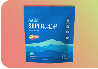 Blue package of Nello Super Calm drink mix on a gradient background.
