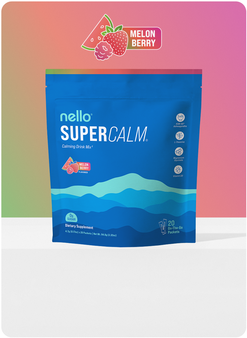 Blue packet of Nello SuperCalm dietary supplement.
