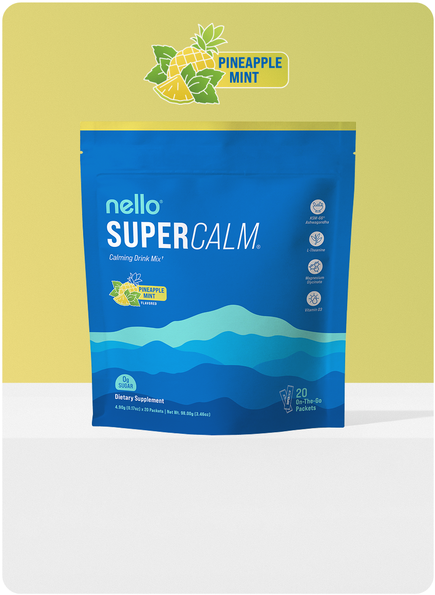 Blue package of calming drink mix with pineapple mint flavor.