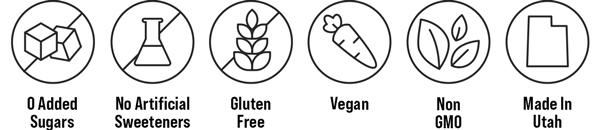 Icons show product features: no added sugar, no artificial sweeteners, gluten-free, vegan, non-GMO, made in Utah.