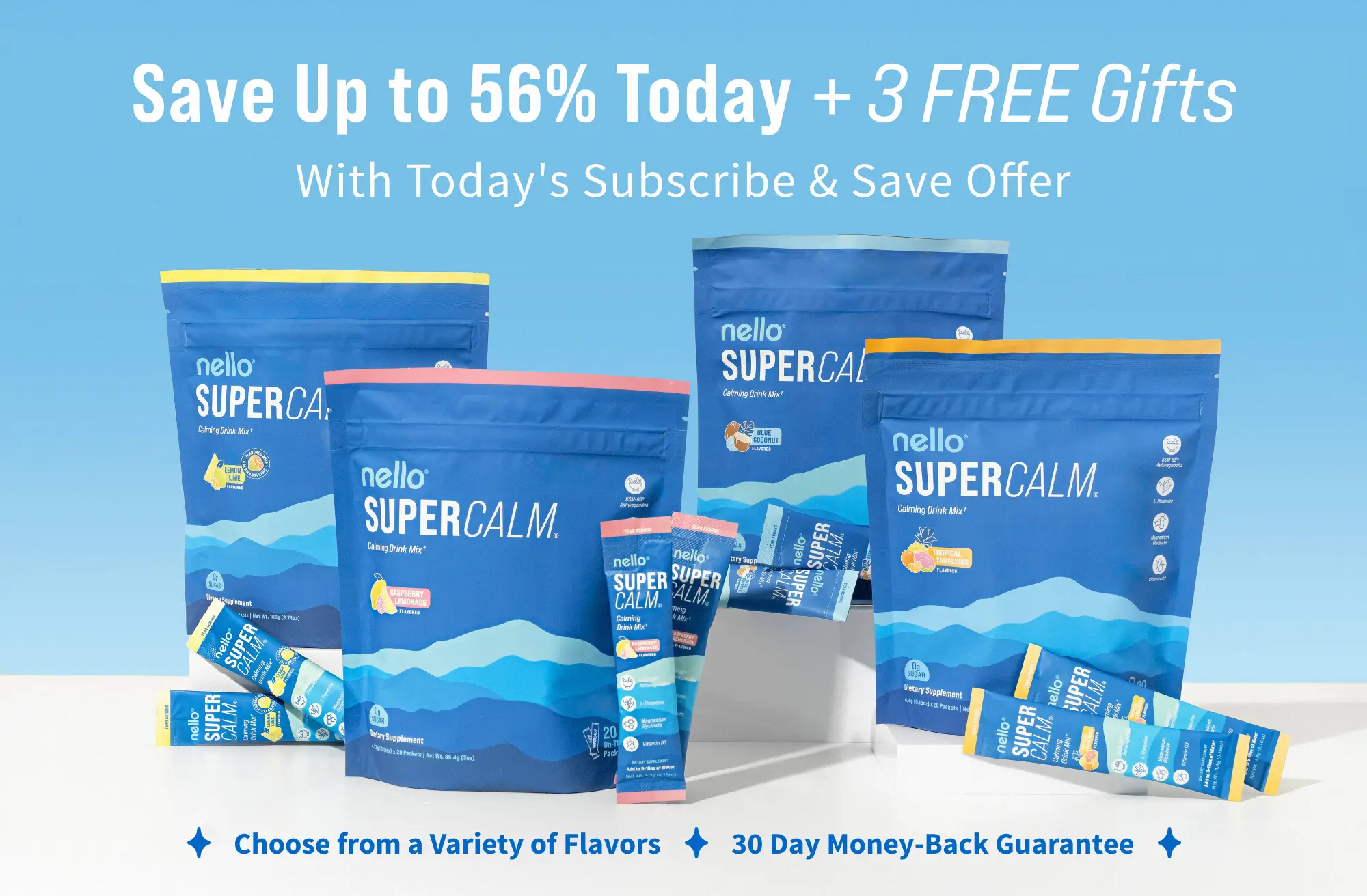 Assorted blue packages of Nello SuperCalm calming drink mix.