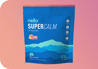 Blue packet labeled 'nello SUPERCALM' with peach flavor icon on a gradient background.