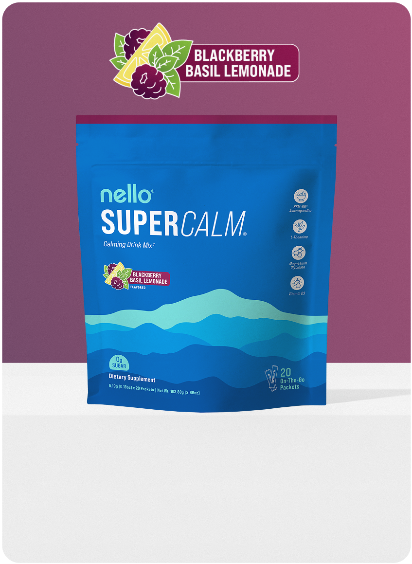 Blue packaging of a calming drink mix with blackberry basil lemonade flavor.