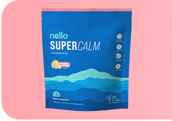 Blue packet labeled 'nello SUPERCALM' on a pink background.