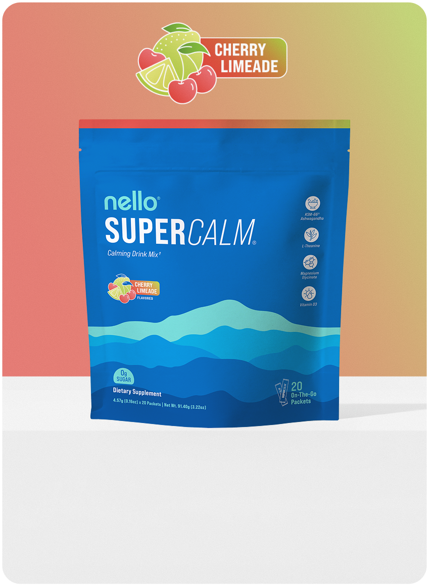 Blue packet of nello SUPER CALM dietary supplement, cherry limeade flavored.