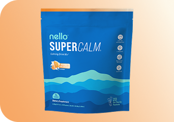 A blue package of calming drink mix with citrus flavor, labeled 'nello SuperCalm.'