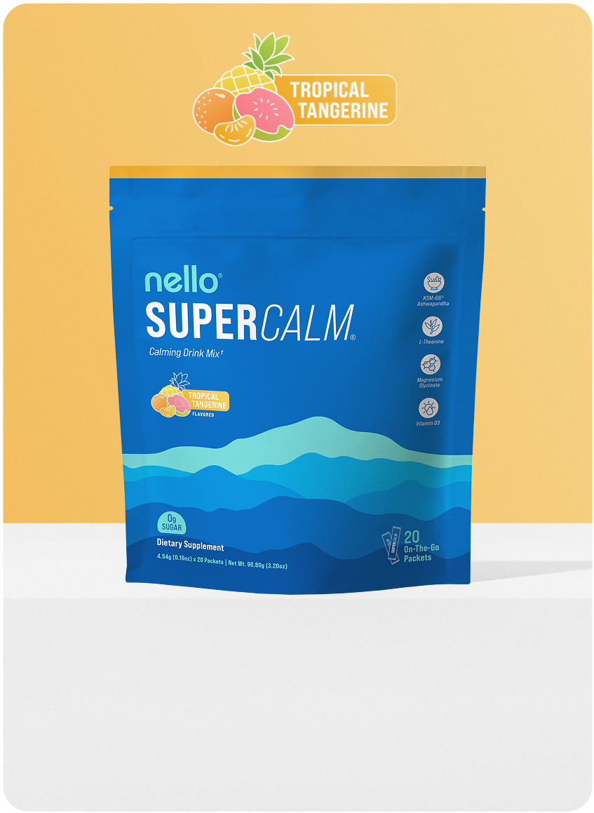 Blue packet of SuperCalm tropical tangerine drink mix on a yellow background.