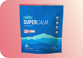 Blue 'nello Super Calm' drink mix package with a strawberry cream flavor on a pink gradient background.