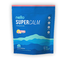 Blue packet labeled 'nello SUPER CALM' with a calming wave design.