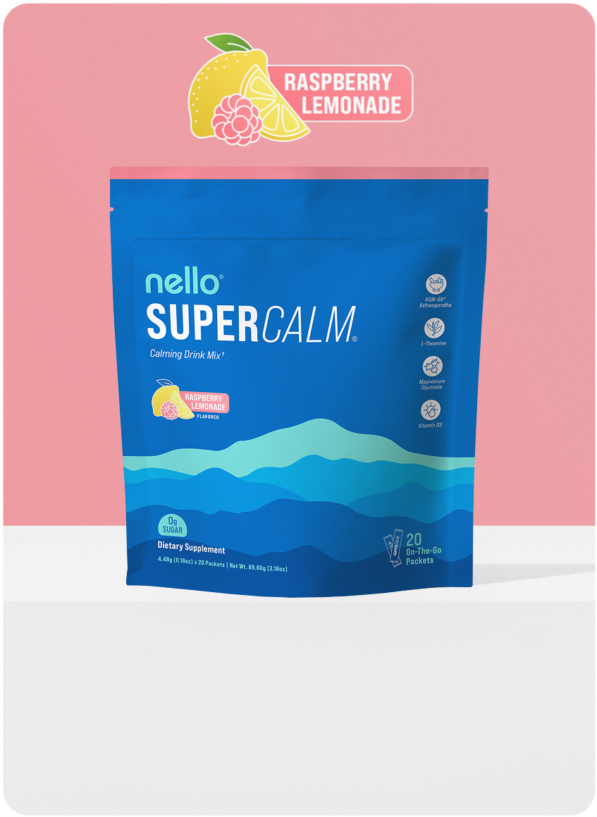 Blue packet of nello SuperCalm drink mix with raspberry lemonade flavor.