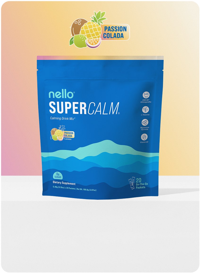 Blue packet of Nello Super Calm calming drink mix.