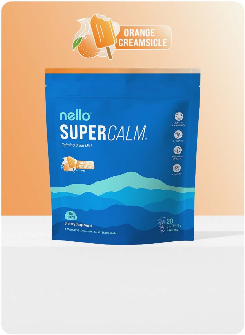 Blue packaging of an orange creamsicle flavored calming drink mix.