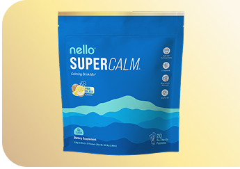 Blue package of 'nello SUPER CALM' calming drink mix on a light background.