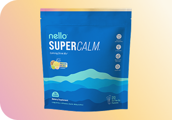 Blue packaging of 'nello SuperCalm' calming drink mix.