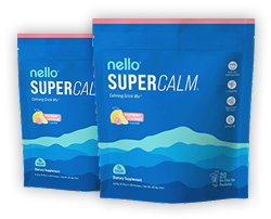 Two blue bags of nello SUPER CALM dietary supplement with a mountain design.