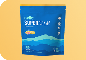 Blue package labeled 'nello SUPER CALM' against a yellow background.