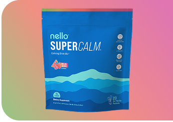 Blue packet of Nello SuperCalm calming drink mix with scenic design on gradient background.