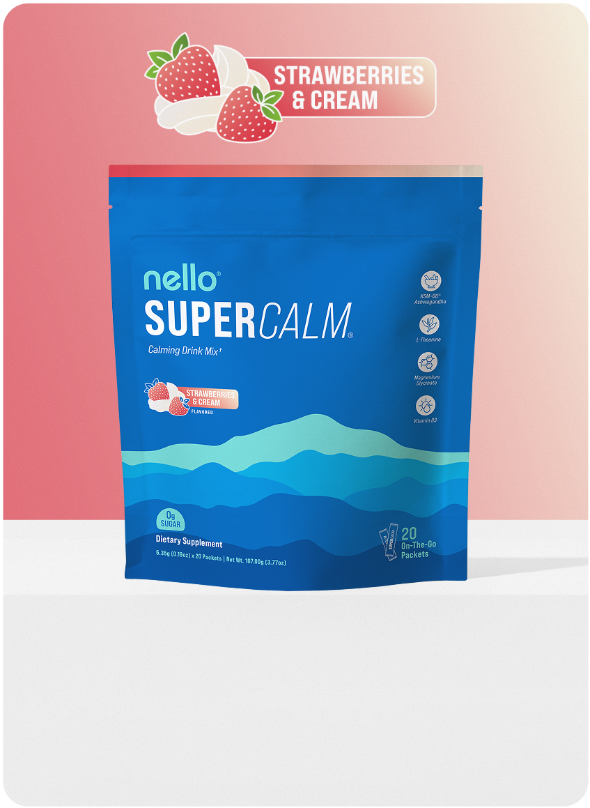 Blue bag of SuperCalm drink mix, strawberries and cream flavor.