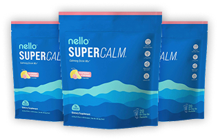 Three blue packets of nello SUPER CALM dietary supplement.