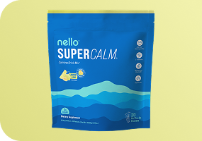 Blue package labeled 'nello SUPER CALM' on a light yellow background.