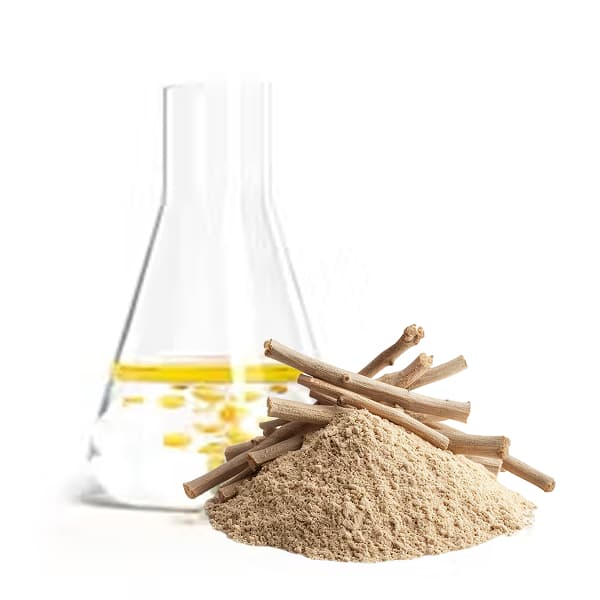 Powder and sticks in front of a flask with yellow liquid.