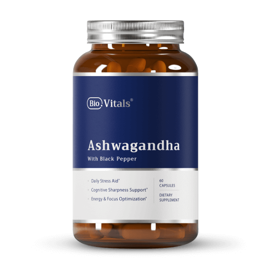 Bottle of Ashwagandha capsules with blue label and silver cap.