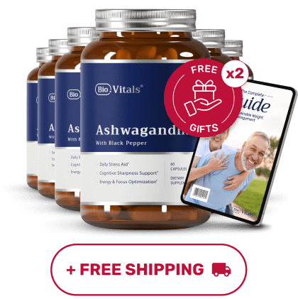 Bottles of Ashwagandha supplements with a free gifts offer and shipping promotion.