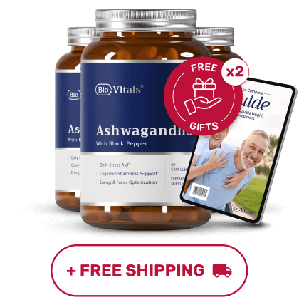 Three bottles of Ashwagandha supplements with a free guide and shipping offer.