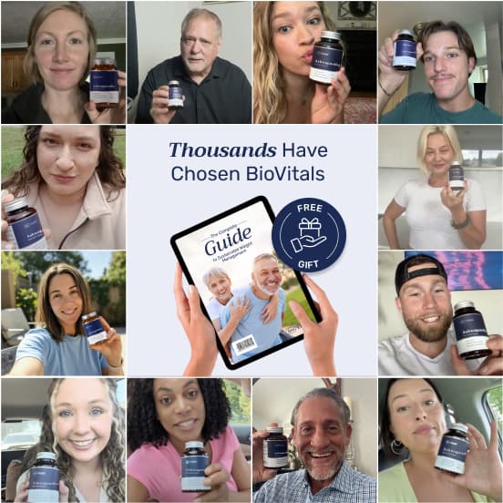 Collage of people holding BioVitals bottles with a central promotional message.