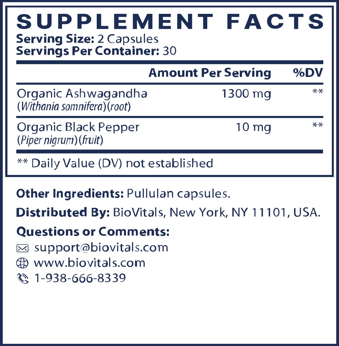 Supplement facts label for capsules with Ashwagandha and Black Pepper.