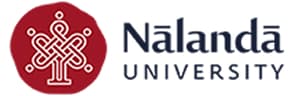 Nalanda University logo with intricate red emblem and text.