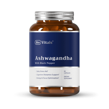 Bottle of Bio.Vitals Ashwagandha capsules with blue label.