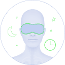 Illustration of a person wearing a sleep mask with moon, stars, and clock symbols.
