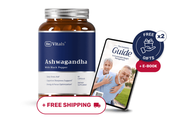 Bottle of Ashwagandha capsules with a guidebook and free shipping offer.