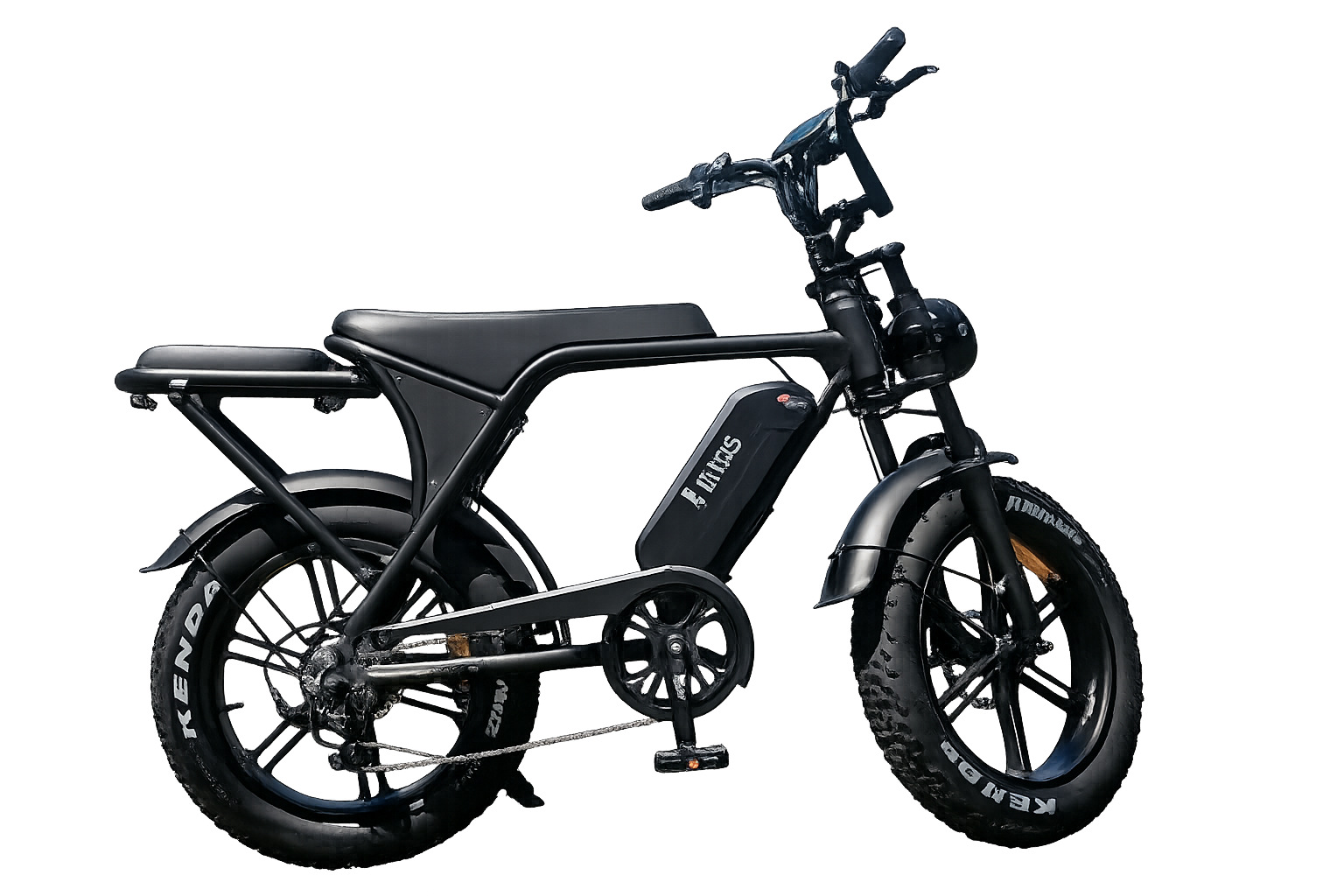 A black, moped-style electric bicycle with fat tires, photographed against a black background.