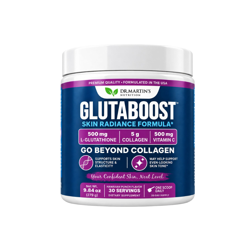 A white tub of Dr. Martin's Nutrition Glutaboost Skin Radiance Formula dietary supplement on a white background.