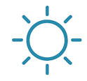 Simple blue sun icon with rays on a white background.