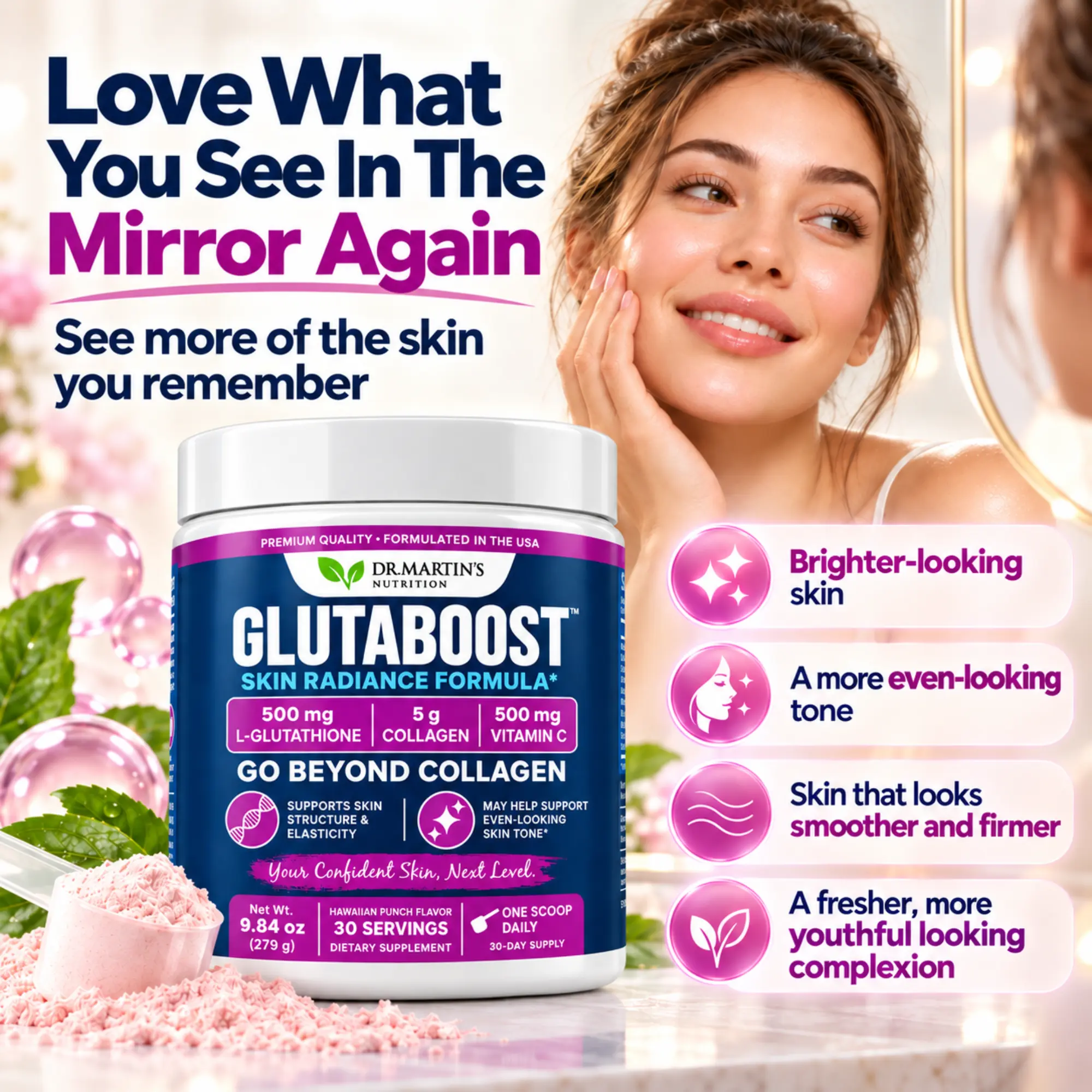 Infographic illustrating GlutaBoost benefits with ingredients and their effects on skin health.