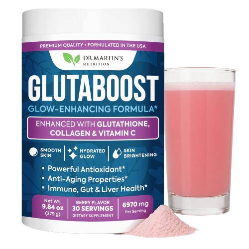 Glutaboost supplement container with pink powder and a glass of pink drink.