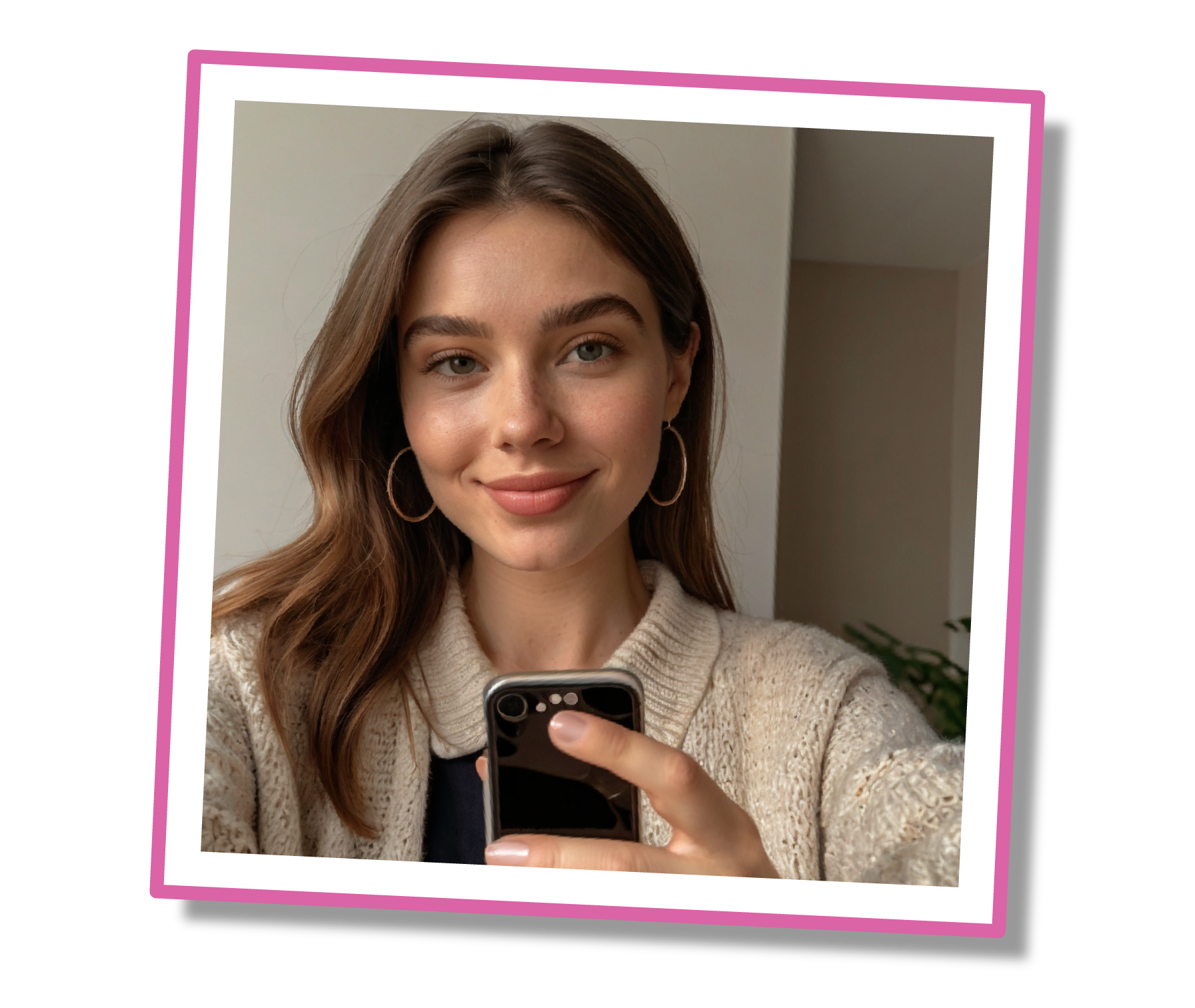 Person taking a selfie with a smartphone, wearing a sweater and hoop earrings.
