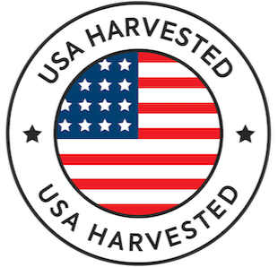 Circular logo with USA flag and 'USA Harvested' text.
