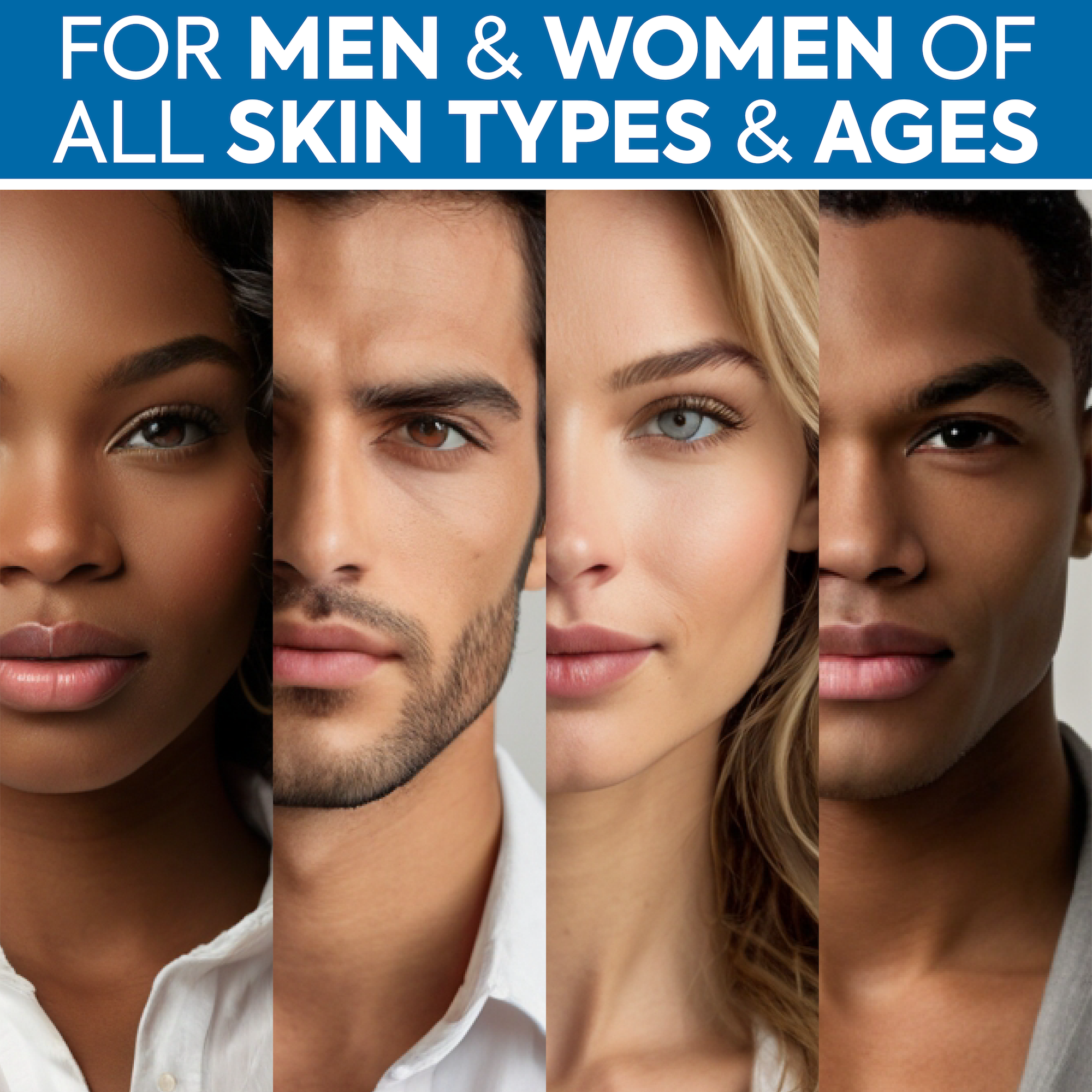 Four diverse faces with text about skin types and ages.